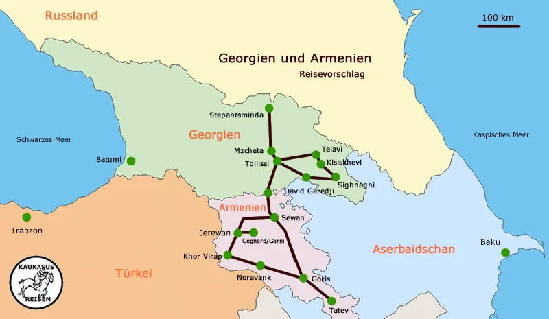 Map Karte Reise Rundreise Georgien und Armenien mit Kaukasus-Reisen in kleinen Gruppen deutschsprachige Reiseleitung Tbilissi Tiflis Kachetien Signaghi Lagodechi David Gareji Stepantsminda Kasbek Kaukasus Mzcheta Jerewan Eriwan Yerevan Sewan See Sewansee Ararat Khor Virap Norawank Tatev Gjumri Gyumri Wardsia Vardzia