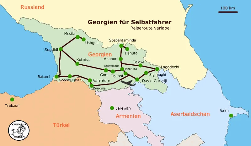 Georgien Reise für Selbstfahrer Map mit Kaukasus-Reisen Reiseroute